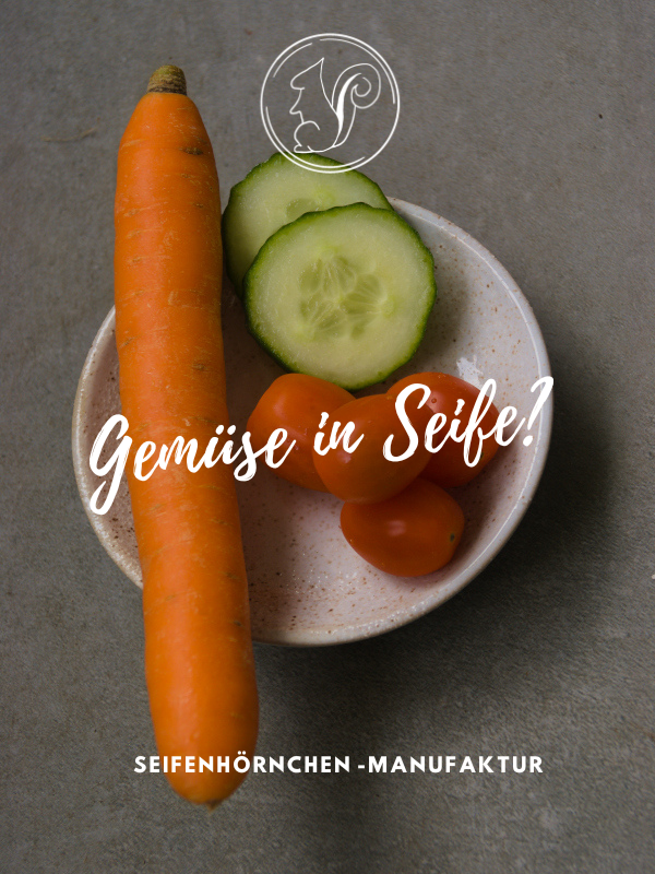 Karotte, Gurkenscheiben und Tomaten auf einem Teller mit dem Text "Gemüse in Seife?"