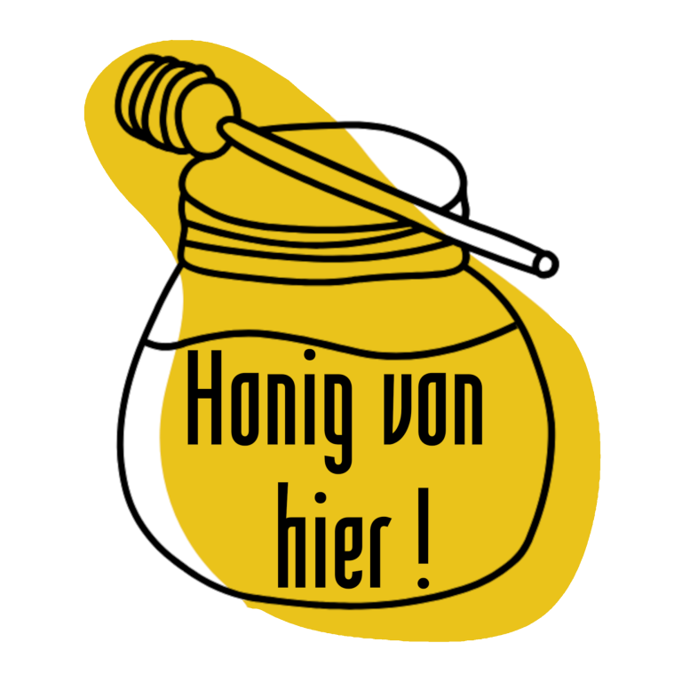 Glas Honig mit einem Löffel und dem Schriftzug "Honig von hier!" in gelbem Hintergrund.