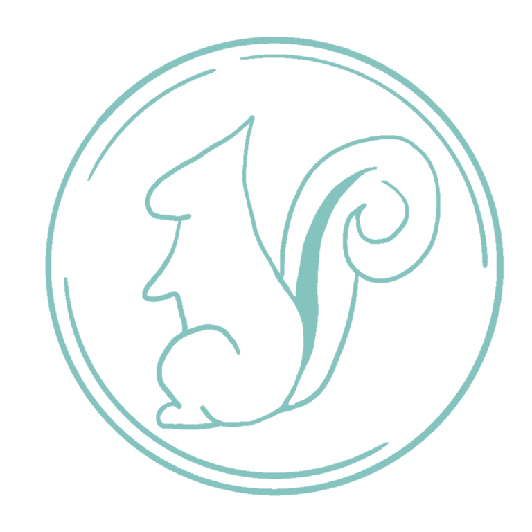 Stilisierte Darstellung eines Eichhorns in einem runden Rahmen.