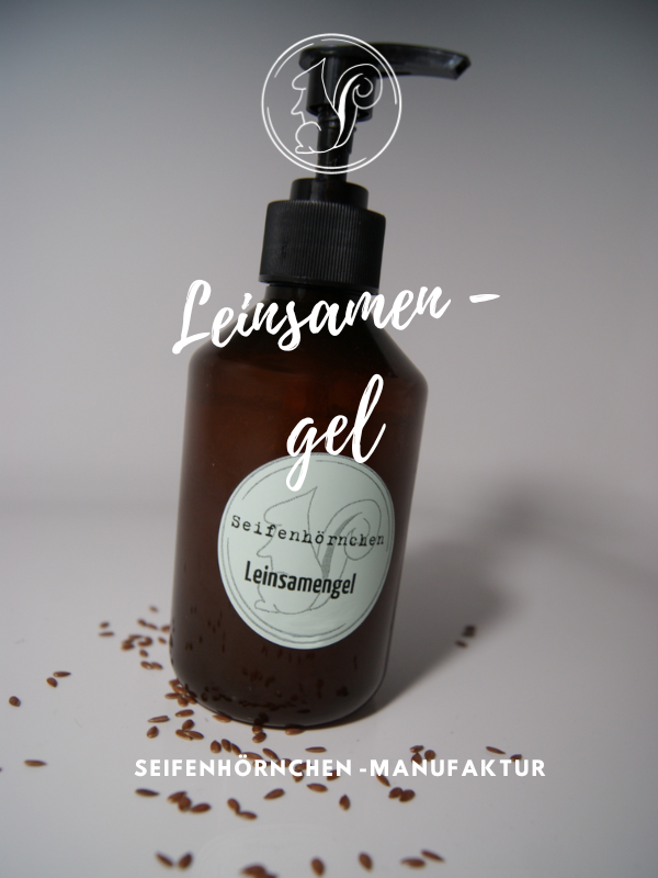 Braunes Glasfläschchen mit Pumpverschluss, beschriftet mit "Leinsamengel".
